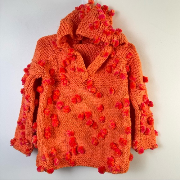 Handknit Kids Sweater Hoodie Pom Poms V-neck Orange Bright Unique Soft Medium - Picture 1 of 9